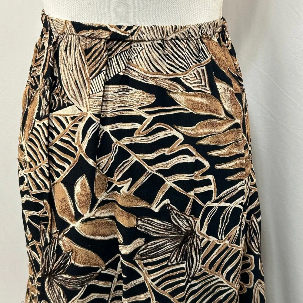 Laura Ashley Maxi Skirt Size 12 Black‎ Brown Tan Floral Leaf Print Long